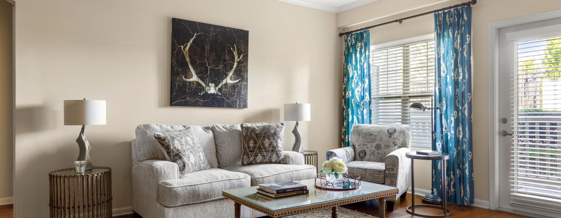 a living room with a couch and a coffee table